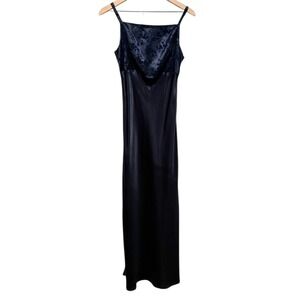 Vtg Y2K Rampage Dark Blue Satin Maxi Slip Dress Sz 7 Whimsigoth Glitter USA 90s‎